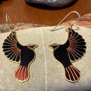 Laurel Burch Hummingbird Earrings Cloissone Red Black Gold Enamel 1980s